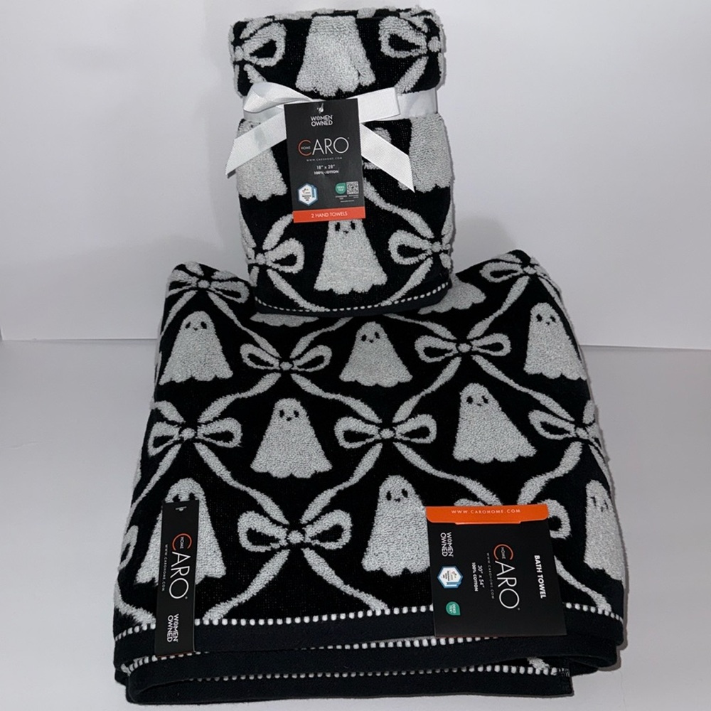 Caro 4 Piece Cotton Bath Towel Set Halloween Black/White Ghosts Bows Ribbons